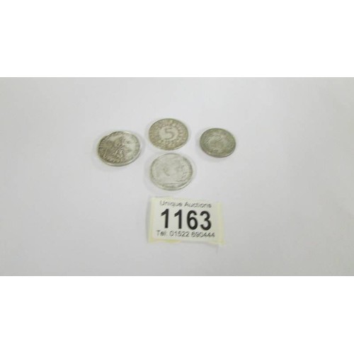 1163 - Four German silver coins - 1925 F 2 marks, 1930 3 marks, 1936 5 marks and 1937 F fine marks.