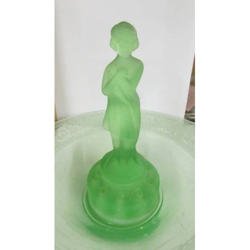 1240 - An art deco green glass flower bowl with engraved rim and centre figure.