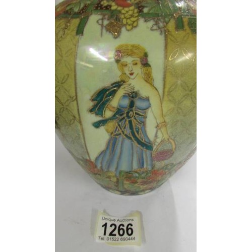 1266 - A hand painted vase decorated with figures and flowers.