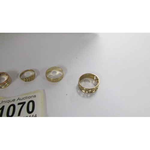 1070 - Five 9ct gold rings, 13.9 grams.