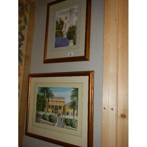 327 - Two framed and glazed watercolours of houses.   COLLECT ONLY.