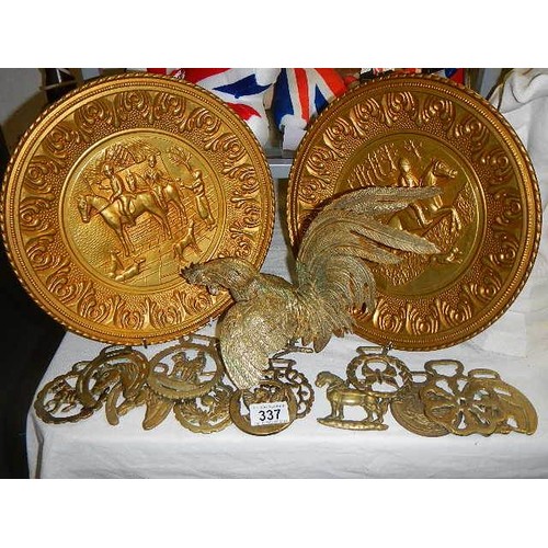 337 - A mixed lot of old brass ware including 2 plaques, cockerel, horse brasses etc.,