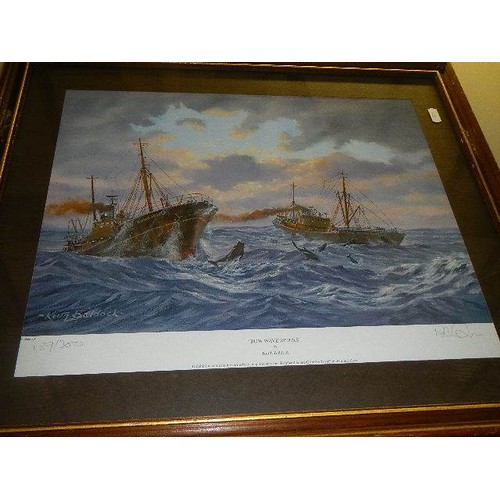 375 - A framed and glazed 'Bow Wazve Riders' print 189/300 (58 x 49 cm) and 'Sharing the Catch' 22/350 (57... 