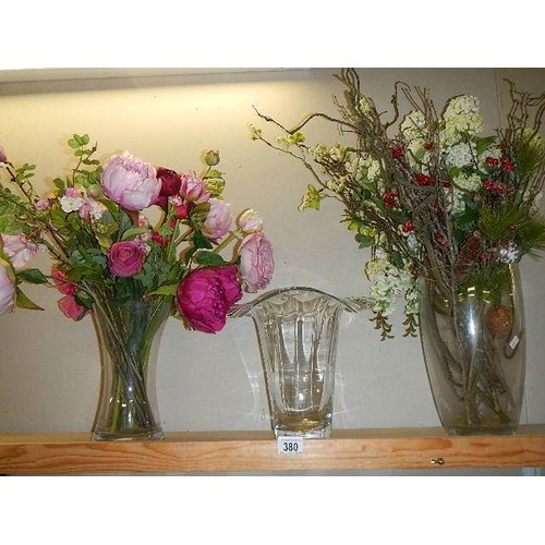 380 - Three glass vases and a quantity of faux flowers and branches. COLLECT ONLY