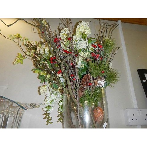 380 - Three glass vases and a quantity of faux flowers and branches. COLLECT ONLY