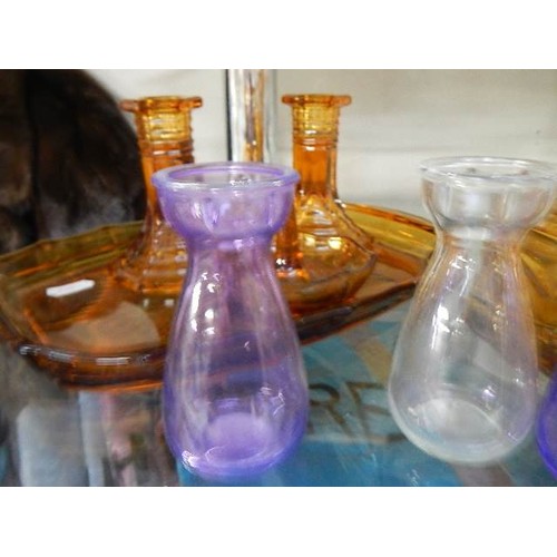 401 - An art deco amber glass trinket set and three small glass vases.