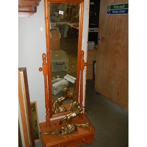 331 - A pine cheval mirror with drawer in base.   COLLECT ONLY.