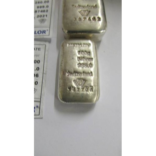 1195 - A 250 gram silver bar/ingot and a 100 gram silver bar/ingot.