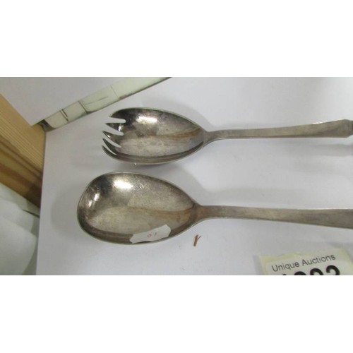 1283 - A pair of antique silver plate salad/vegetable servers with blue John stone handles.