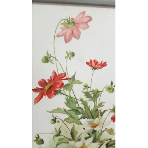 1301 - A framed floral painting on opaque glass, 84 x 47 cm.