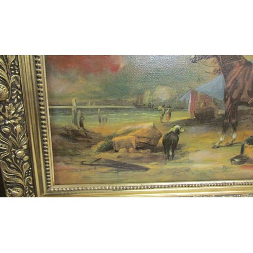 1302 - A gilt framed oil on canvas beach scene, 72 x 57 cm.