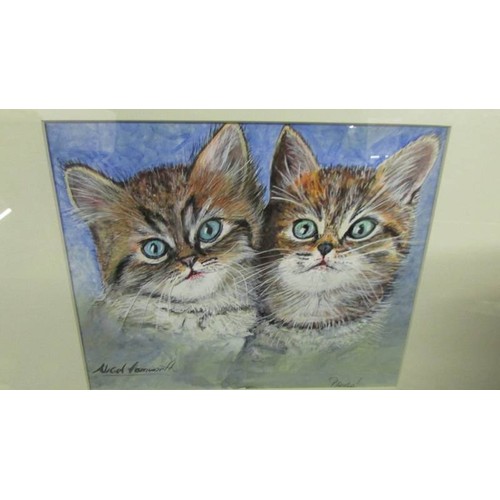 1306 - A framed and glazed watercolour and gouache painting of two kittens entitled 'Please' signed Nigel F... 