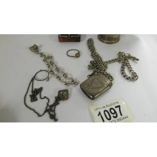 1097 - A mixed lot of silver and white metal items including silver vesta, silver napkin ring etc.,