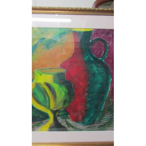 1308 - Eddie Bianchi (act. 1975-1995) A modernist mixed media still life painting of a goblet and bottle na... 