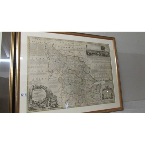 1315 - A framed and glazed map of Yorkshire.