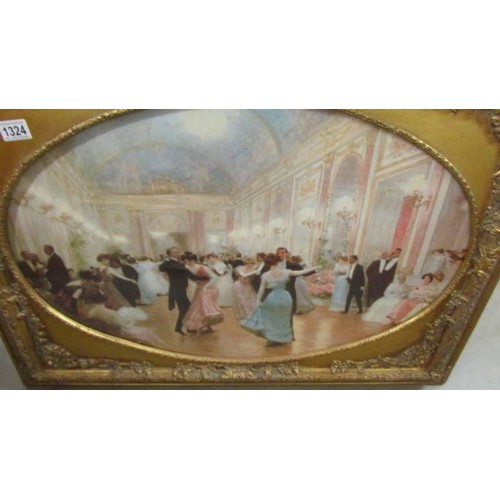 1324 - A framed and glazed oval ballroom scene in good quality gilt frame. (91cm x 66cm including frame) CO... 