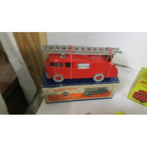 1352 - Three Playworn Dinky Bedford Leyland and two fire engines in original boxes.  276, 521, 531, 555, 40... 