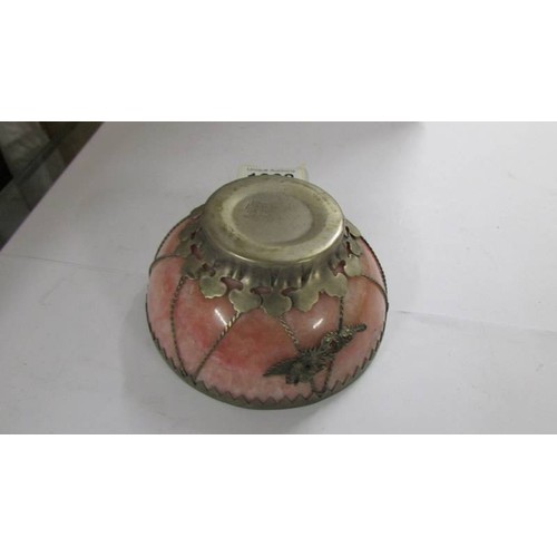 1368 - A Tibetan silver mounted pink jade tea bowl, impressed mark to base, 11 cm diameter, 5 cm high.