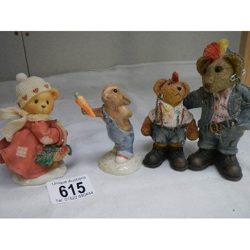 615 - Two bear figures, a Robert Harrop dog figure and a Bunnykins rabbit figure.