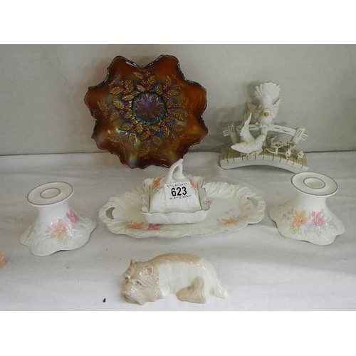 623 - A carnival glass dish, ceramic candlesticks, tray and other ceramic items. COLLECT ONLY.