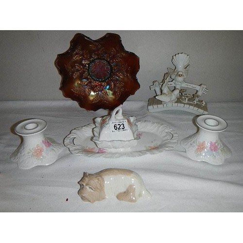 623 - A carnival glass dish, ceramic candlesticks, tray and other ceramic items. COLLECT ONLY.