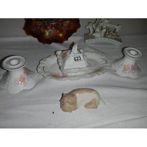 623 - A carnival glass dish, ceramic candlesticks, tray and other ceramic items. COLLECT ONLY.