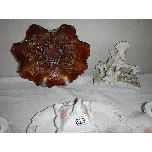 623 - A carnival glass dish, ceramic candlesticks, tray and other ceramic items. COLLECT ONLY.