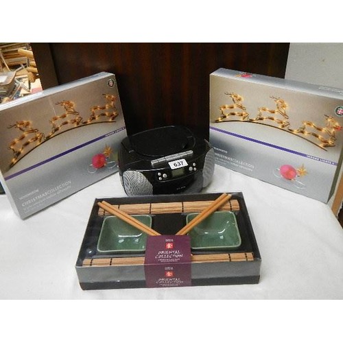 637 - An Alba radio/CD player, 2 Boxed Christmas decorations and boxed oriental dishes.