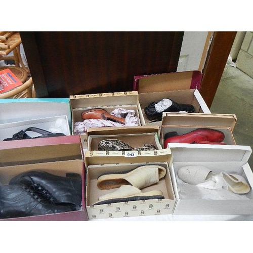 643 - Eight pairs of previously worn shoes in boxes.