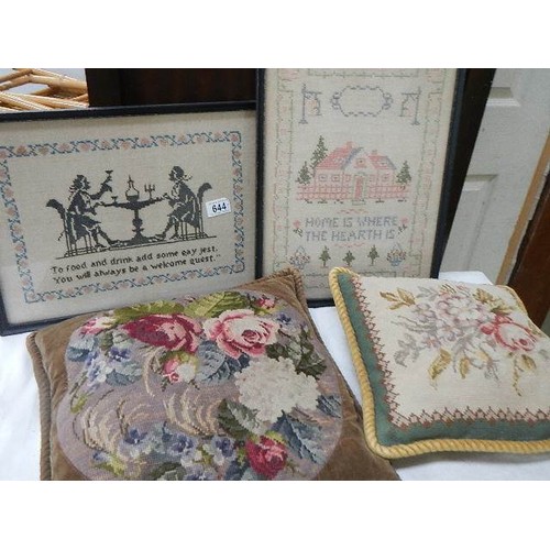 644 - Two old samplers and two embroidered cushions. COLLECT ONLY.