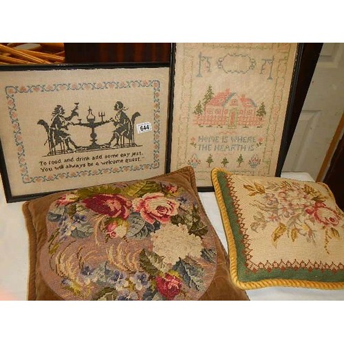 644 - Two old samplers and two embroidered cushions. COLLECT ONLY.