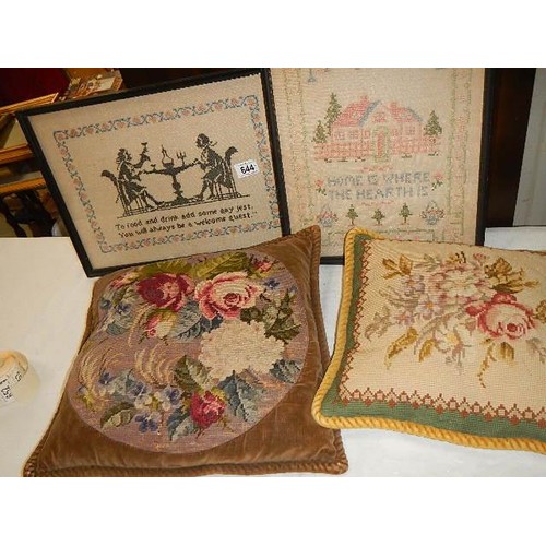 644 - Two old samplers and two embroidered cushions. COLLECT ONLY.