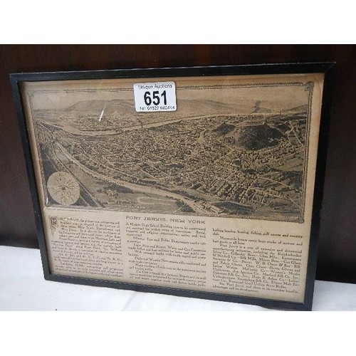 651 - An old framed and glazed print of Port Jervis, New York. COLLECT ONLY.