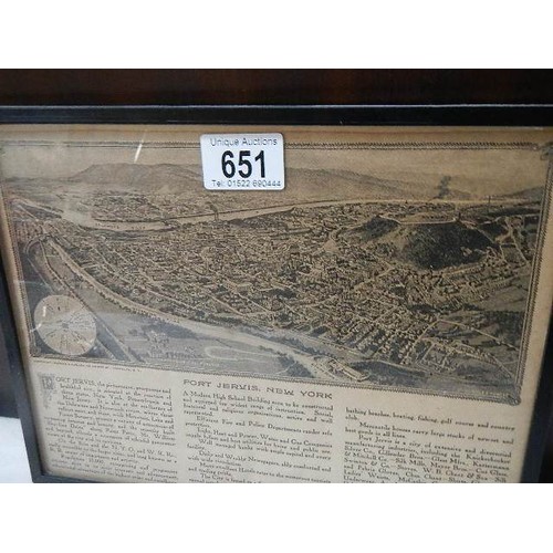 651 - An old framed and glazed print of Port Jervis, New York. COLLECT ONLY.