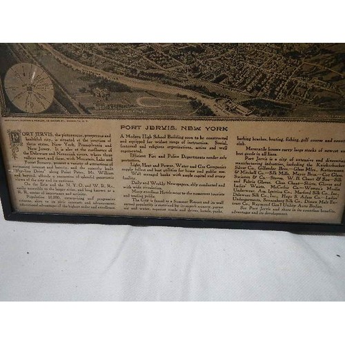 651 - An old framed and glazed print of Port Jervis, New York. COLLECT ONLY.