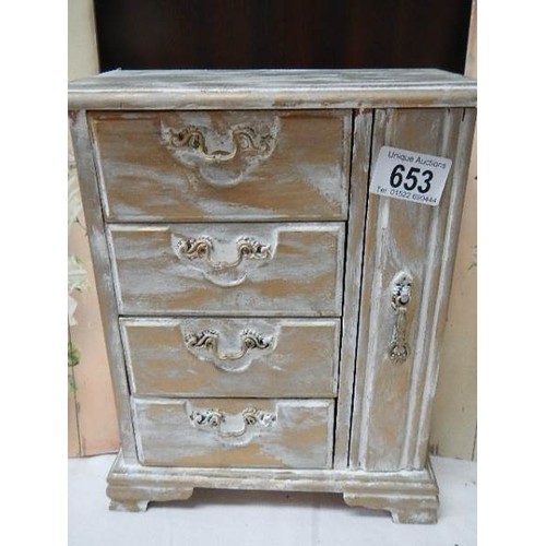 653 - A 'Shabby Chic' jewellery cabinet and two other items.  COLLECT ONLY.