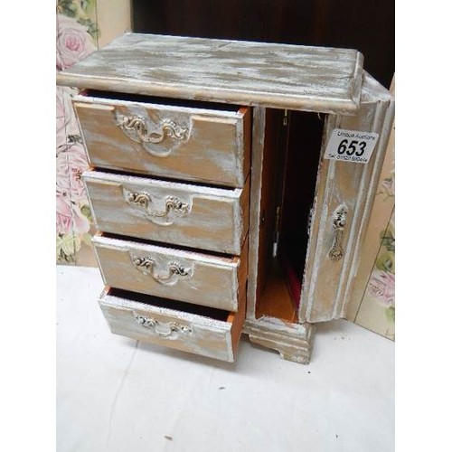 653 - A 'Shabby Chic' jewellery cabinet and two other items.  COLLECT ONLY.