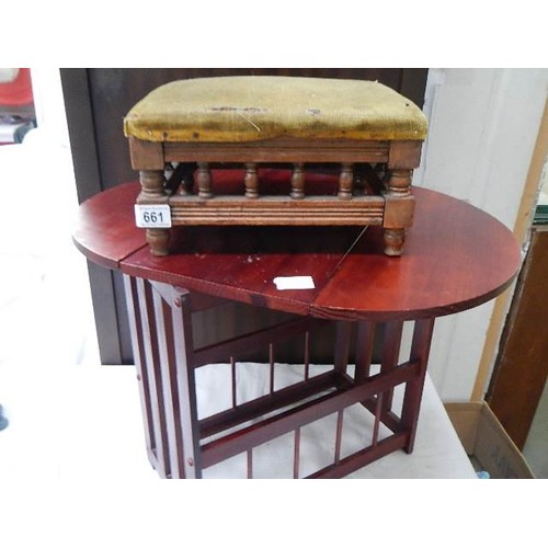 661 - A drop side table/magazine rack and a foot stool. COLLECT ONLY.