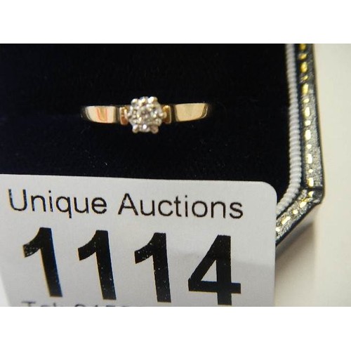 1114 - A 9ct gold diamond solitaire ring, size L half, 2 grams, good quality.