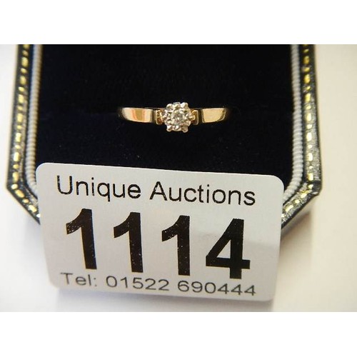 1114 - A 9ct gold diamond solitaire ring, size L half, 2 grams, good quality.