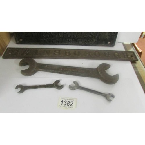 1382 - A b Edlington & Co., Gainsborough cast iron sign, A Gainsborough sign and 3 spanners marked Gainsbor... 