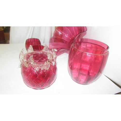 1406 - A Cranberry glass bowl and four other cranberry glass items.