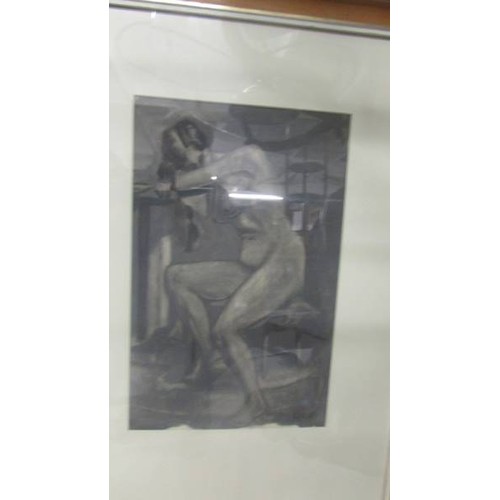 1441 - A pair of 1950's female nude watercolour paintings (in one frame) one in sepia tones the other in gr... 