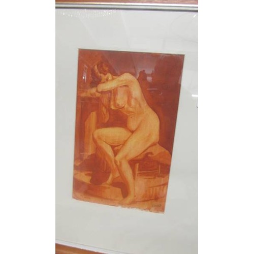 1441 - A pair of 1950's female nude watercolour paintings (in one frame) one in sepia tones the other in gr... 