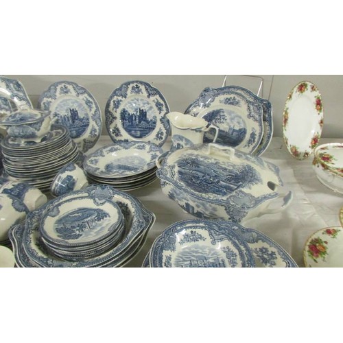 1447 - In excess of 200 pieces of Johnson Bros., blue and white tea and dinnerware including castle pattern... 