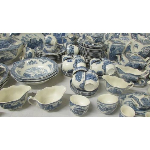 1447 - In excess of 200 pieces of Johnson Bros., blue and white tea and dinnerware including castle pattern... 