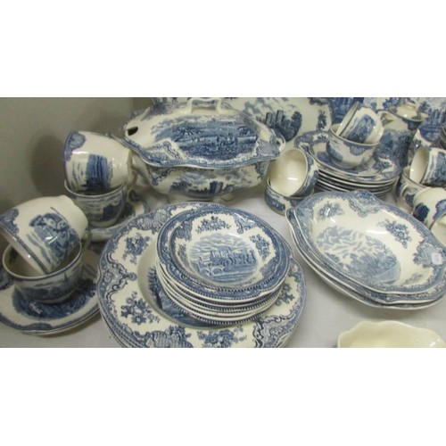 1447 - In excess of 200 pieces of Johnson Bros., blue and white tea and dinnerware including castle pattern... 