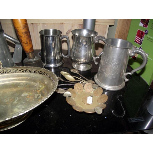 160 - A selection of silver plate and pewter including tray, tankards etc