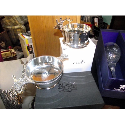 163 - A silver plate wine coaster, boxed quaich, a pair of Edinburgh crystal wine glasses boxed, etc