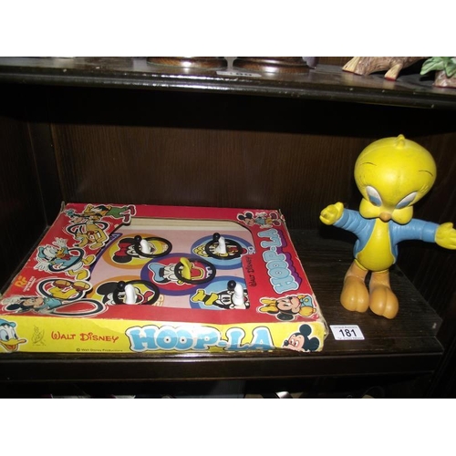 181 - 1970's Walt Disney Hoop-La in original box (missing 1 hoop) and a foam rubber Tweety Pie, height 23c... 